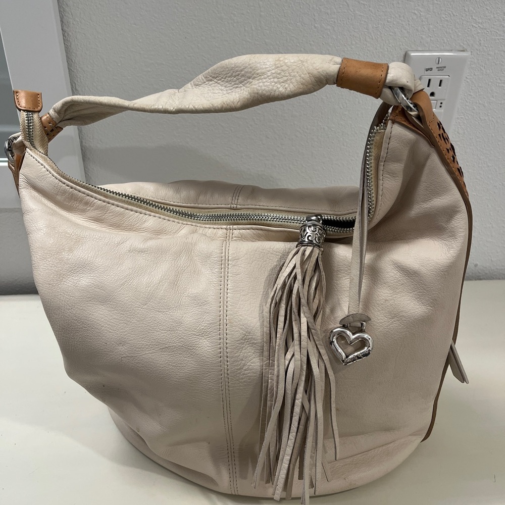 Brighton Cream Hobo Bag with Tassel and Silver Accents